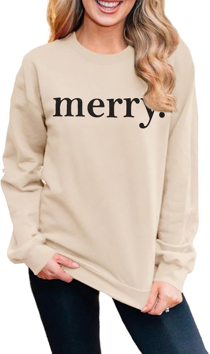 BOUTIKOME Womens Christmas Sweatshirt Merry Letter Printed Shirt Holiday Crewneck Pullover Loose ... | Amazon (US)