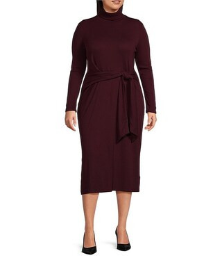 Plus Size Royal Claret Velvet Turtleneck Long Sleeves Self-Tie Slim Fit Dress | Dillard's