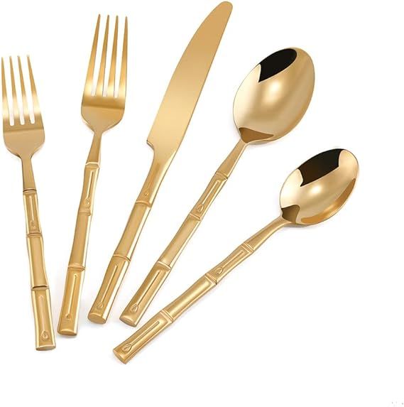 JINTUO Flatware Set Gold Silverware Set Stainless Steel 20 Pieces Bamboo Handle Shiny Mirror Poli... | Amazon (US)