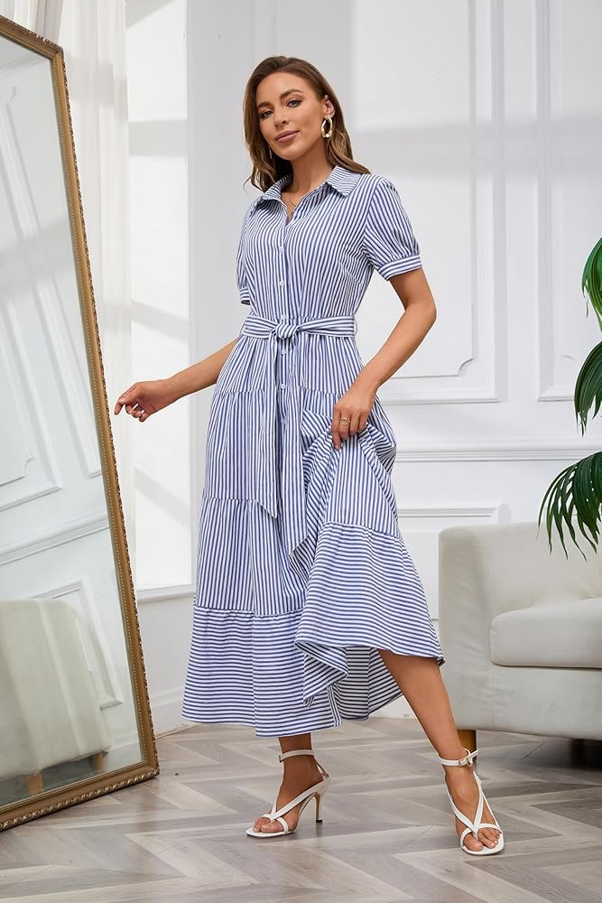 utcoco Womens Casual Short Sleeve Button Down Tie Waist Ruffled Striped Maxi Shirt Dress | Amazon (US)
