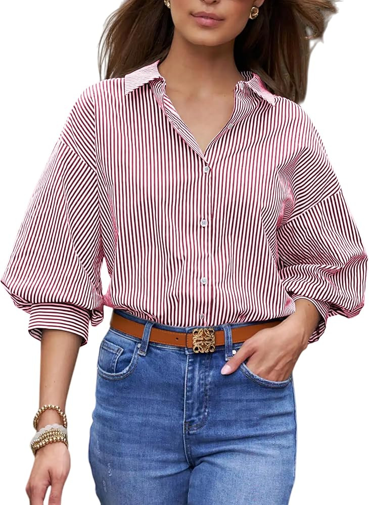 Women's Striped Button Down Shirts 3/4 Puff Sleeve Collared V Neck Loose Blouse Top | Amazon (US)