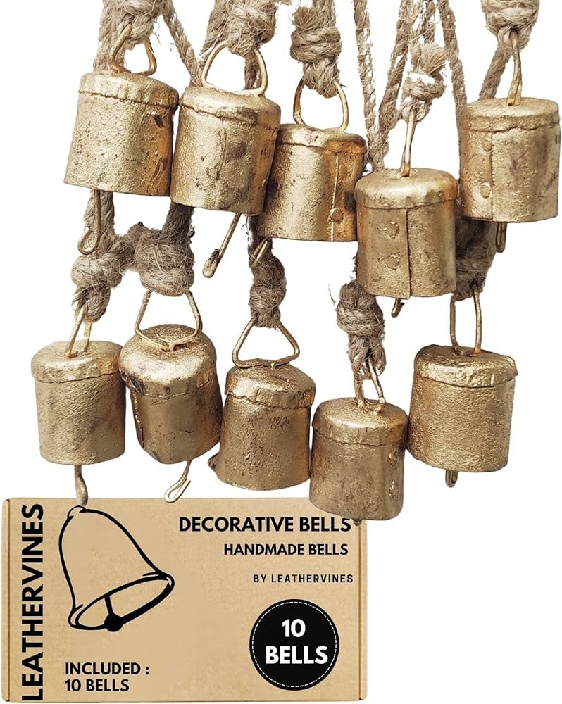 Small Vintage Rustic Lucky Tin Metal Cow Bells Handmade Christmas Décor Bells on Jute Rope (10, ... | Amazon (US)