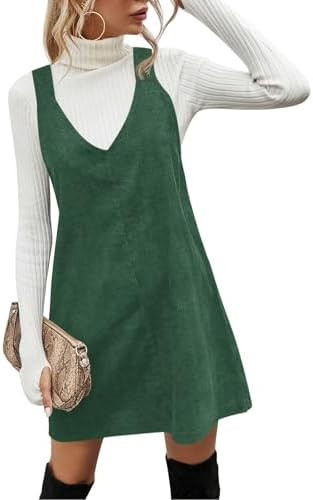 Koinshha Women V Neck Corduroy Overall Dress Casual Loose Short Pinafore Dresses Cute Mini Jumper... | Amazon (US)