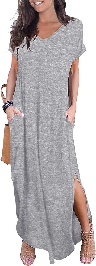 GRECERELLE Women's Casual Loose Pocket Long Dress Short Sleeve Split Maxi Dresses | Amazon (US)