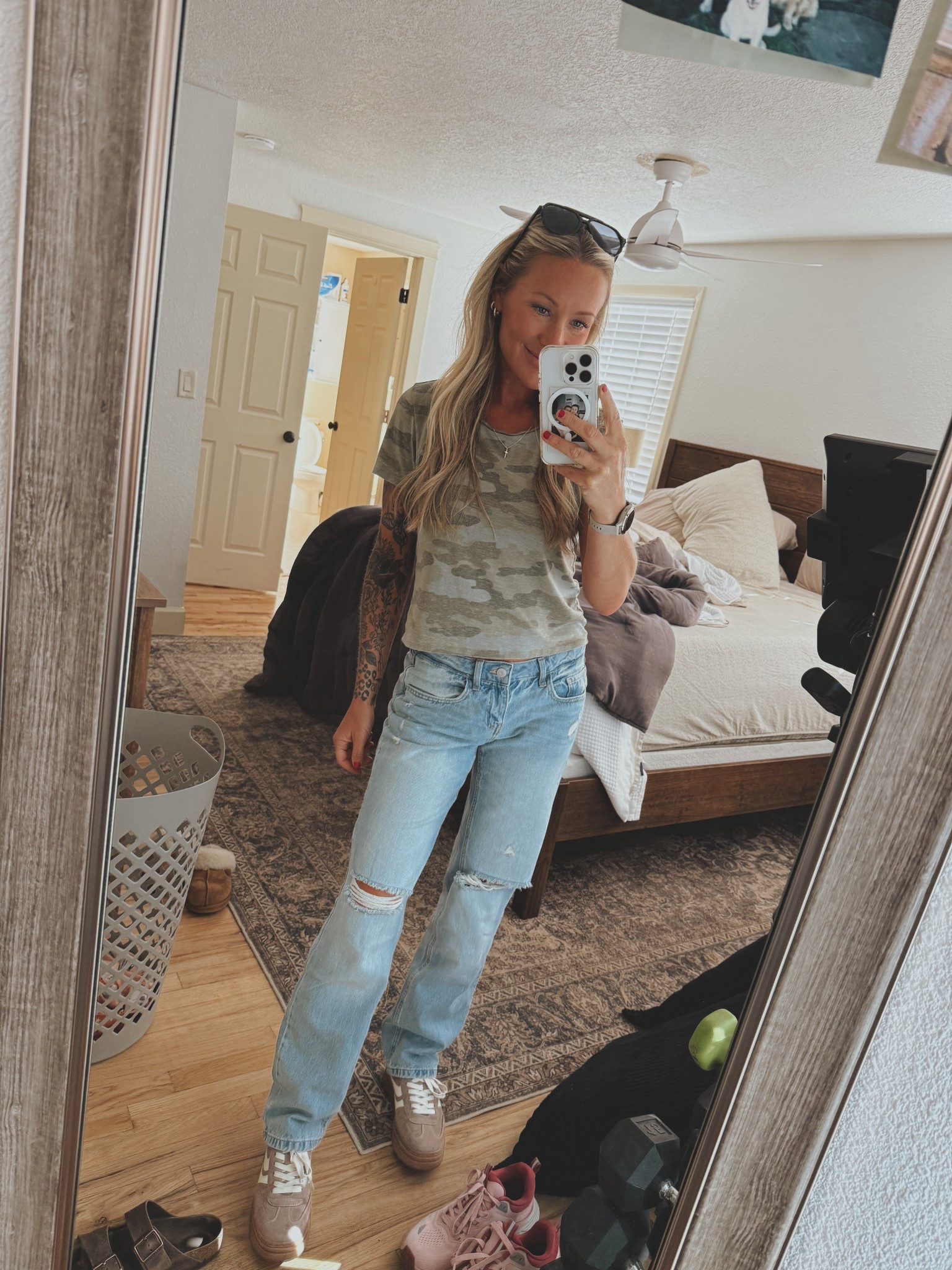 My camo top is thrifted but I linked one super similar and these new jeans from target are so cute!! Plus my current fav sneakers for fall!! 😍🤎 and a realistic messy bedroom 🤣