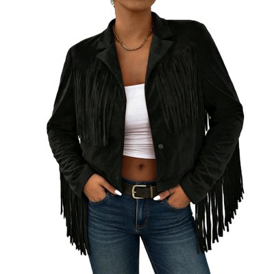 Women's Faux Suede Fringe Open Front Jacket - Western Style Lapel Collar, Boho Cropped Coat for Festival and Retro Outfits Black S | Target