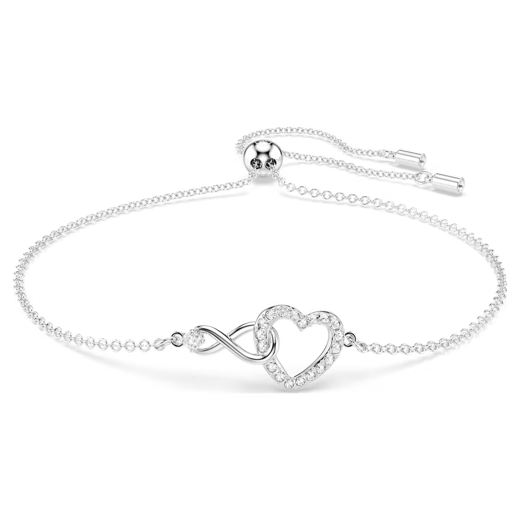Hyperbola bracelet, Infinity and heart, White, Rhodium plated by SWAROVSKI | SWAROVSKI