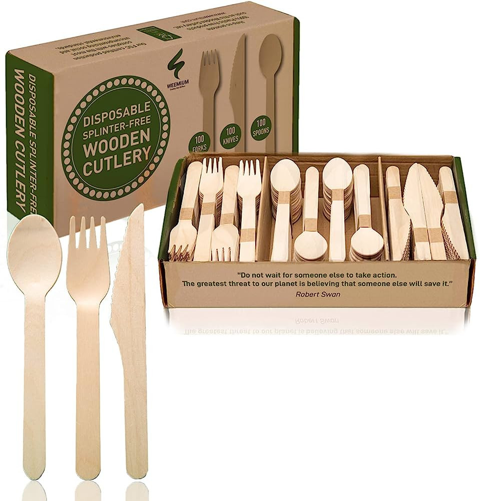Weemium Disposable Wooden Cutlery Set - 300 Count (100 Forks, 100 Knives, 100 Spoons) – Plastic... | Amazon (US)