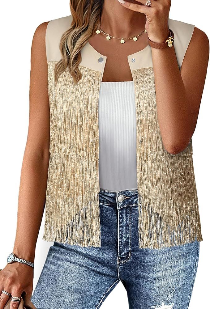 ZXZY Womens Outerwear Vests Glitter Fringe Jacket Snap Button Tassel Sleeveless Vest Cardigan Coa... | Amazon (US)