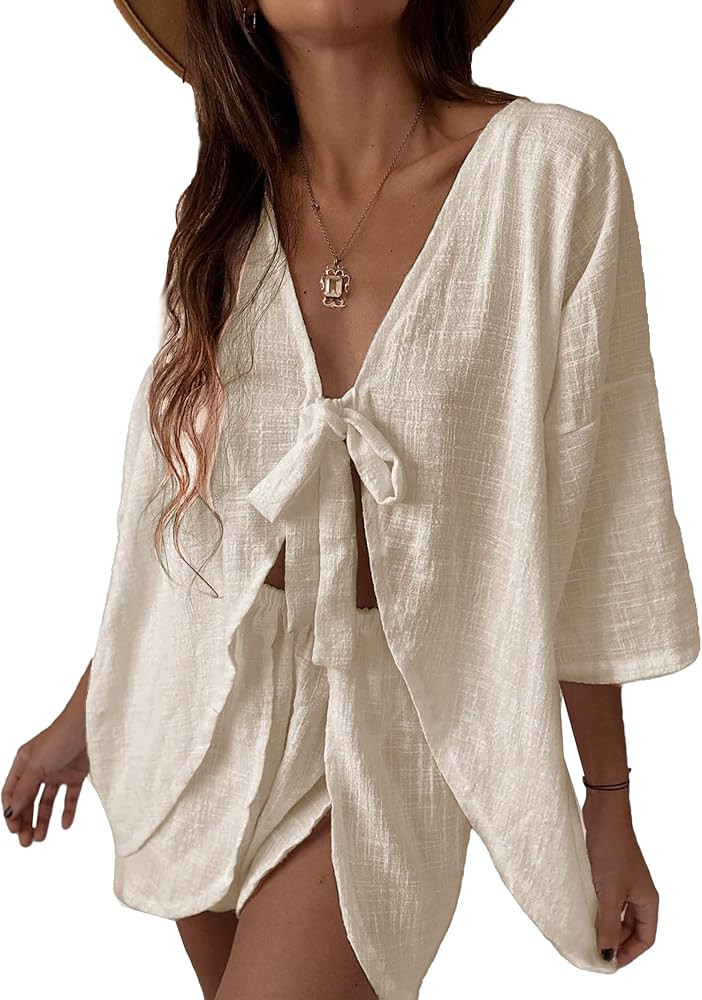 Sexy 2 Piece Outfits for Women Self Tie Knot Long Sleeve Shirt with Shorts Set Casual Matching Se... | Amazon (CA)