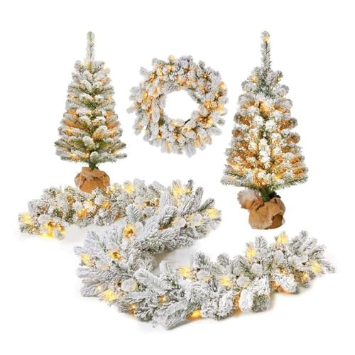 KING OF CHRISTMAS Flocked Pre-Lit Holiday Christmas 4-Piece Set, King Flock Garland, Wreath and Set of 2 Entrance Trees with White LED Lights, Plug or Battery Operated, Artificial Christmas Decor Set | Amazon (US)