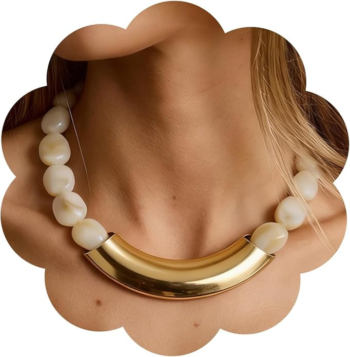 Chunky Acrylic Beaded Necklace Large Vintage Resin Bead Choker Gold Irregular Bamboo Tube Necklac... | Amazon (US)