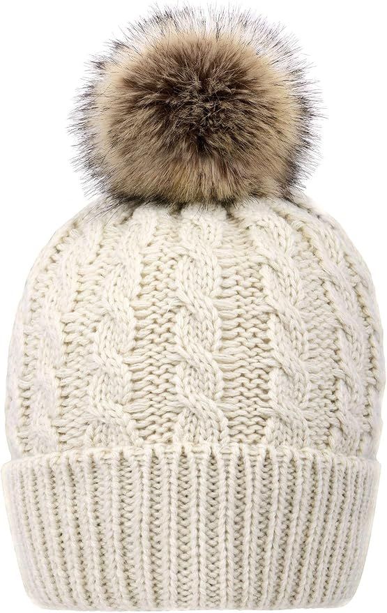 Livingston Women's Winter Soft Knitted Beanie Hat with Faux Fur Pom Pom | Amazon (US)