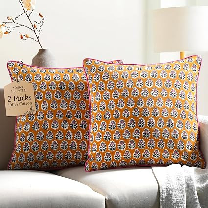 CPC 100% Cotton Throw Pillow Covers 20x20 Inch, Set of 2 Yellow Block Print Pattern Couch Pillow,... | Amazon (US)