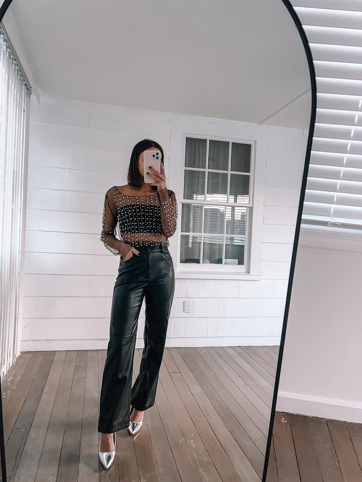 New years eve outfit✨Pearl top wearing 4, leather pants wearing XS, heels true to size
 

 #LTKHoliday #LTKPetite #LTKFindsUnder50