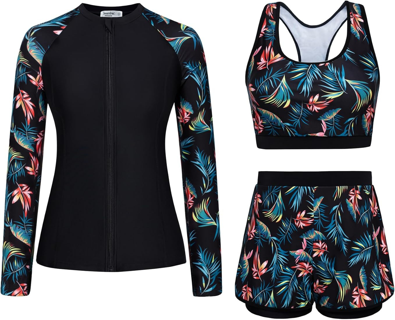 JASAMBAC Women's 3 Piece Rash Guard Long Sleeve Swimsuits with Boyshorts Zip Up UPF 50+ Swim Shir... | Amazon (US)