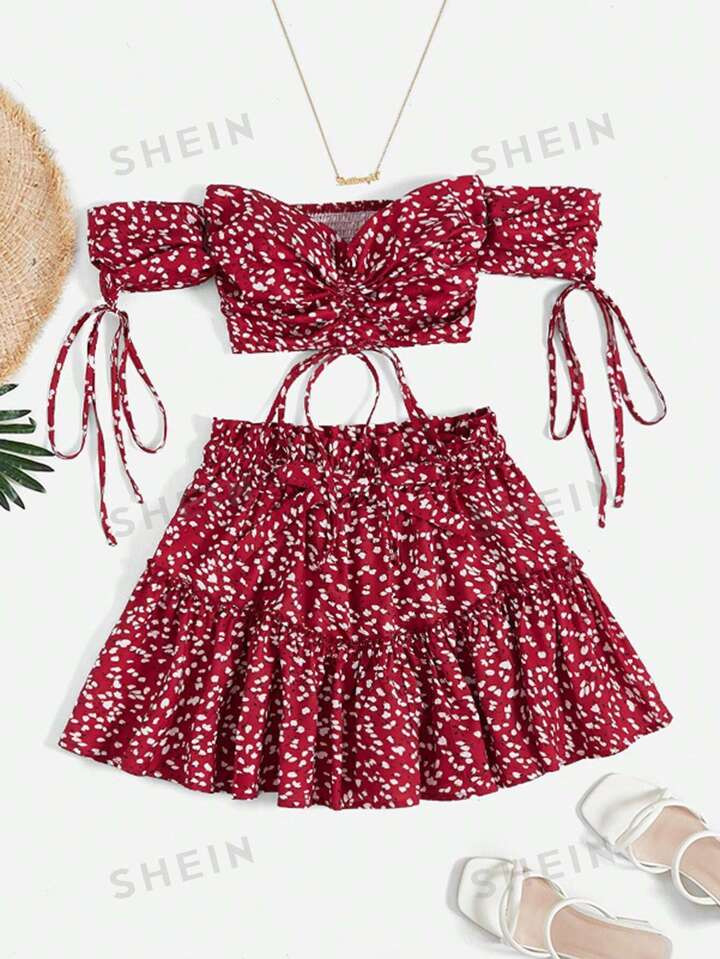 SHEIN WYWH All Over Print Knotted Bardot Top & Skirt Set | SHEIN | SHEIN
