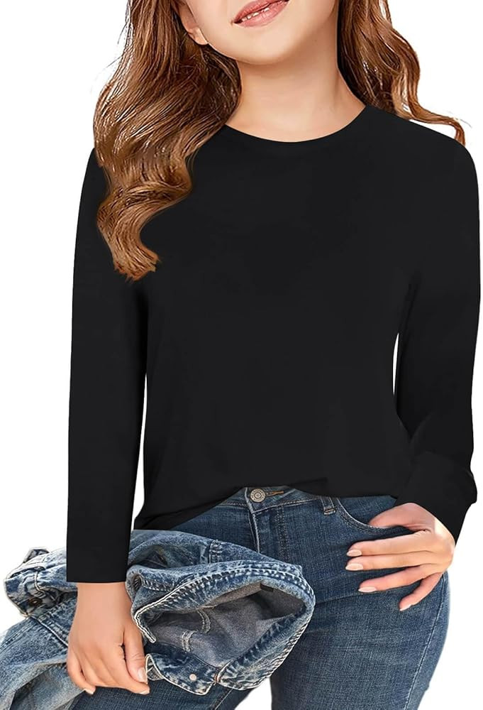 Haloumoning Girls Long Sleeve T Shirts Kids Fall Tops Crewneck Basic Tees 5-14Y | Amazon (US)