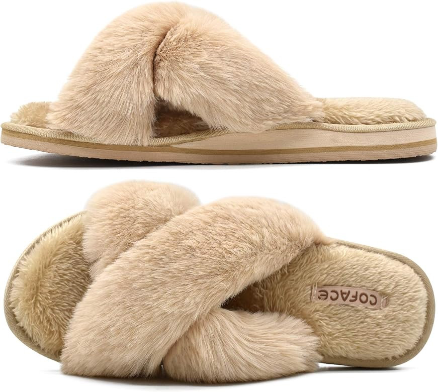 COFACE Womens Fuzzy Slides Fluffy Faux Fur House Slippers Open Toe Slip On Sandals Cozy Soft Yoga... | Amazon (US)