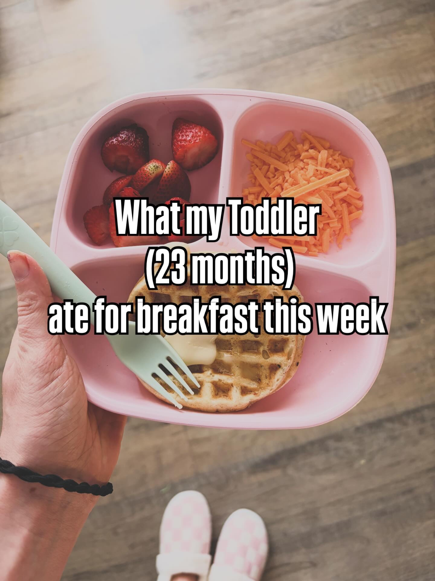 Breakfast for the toddler is quick. Most days we have about 45 minutes between the time Big Sis leaves for school and we leave for the gym. She gets one convenience snack “pre-breakfast”, which is usually a yogurt tube. Then I throw together a plate. Scrambled eggs are made in a coffee mug in the microwave. I love the mini waffle maker because I don’t have to dirty a pan. She absolutely loves cheese. Like most toddlers. 
#whatmytoddlereats