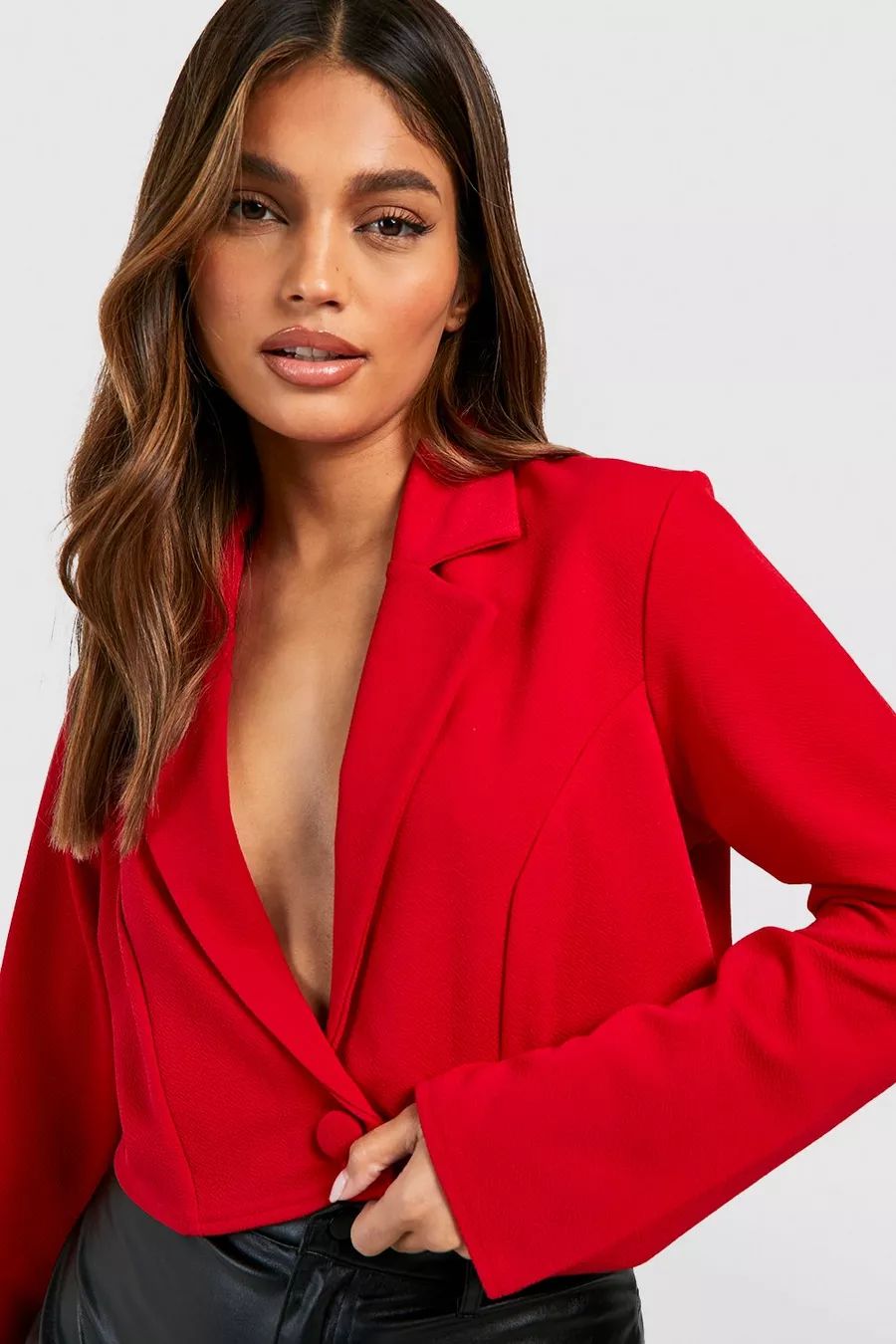 Basic Jersey Button Front Cropped Blazer | Boohoo.com (US & CA)