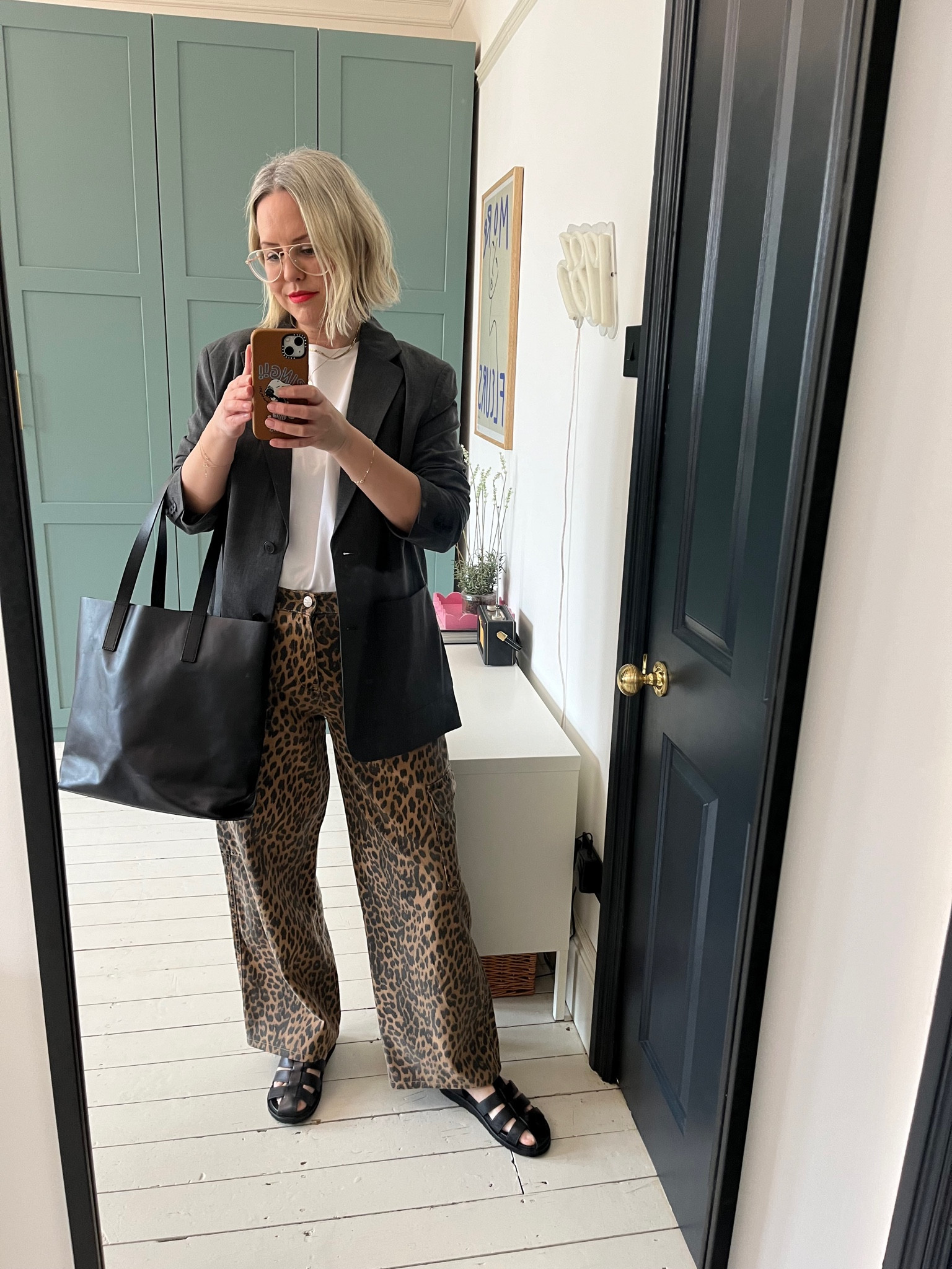 Leather Strappy Sandals, leopard-print straight-leg cargo jeans, Cropped Fit Short Sleeved T-Shirt, Tailored Blazer Jacket, Leather Tote Bag

#LTKeurope #LTKSeasonal #LTKstyletip