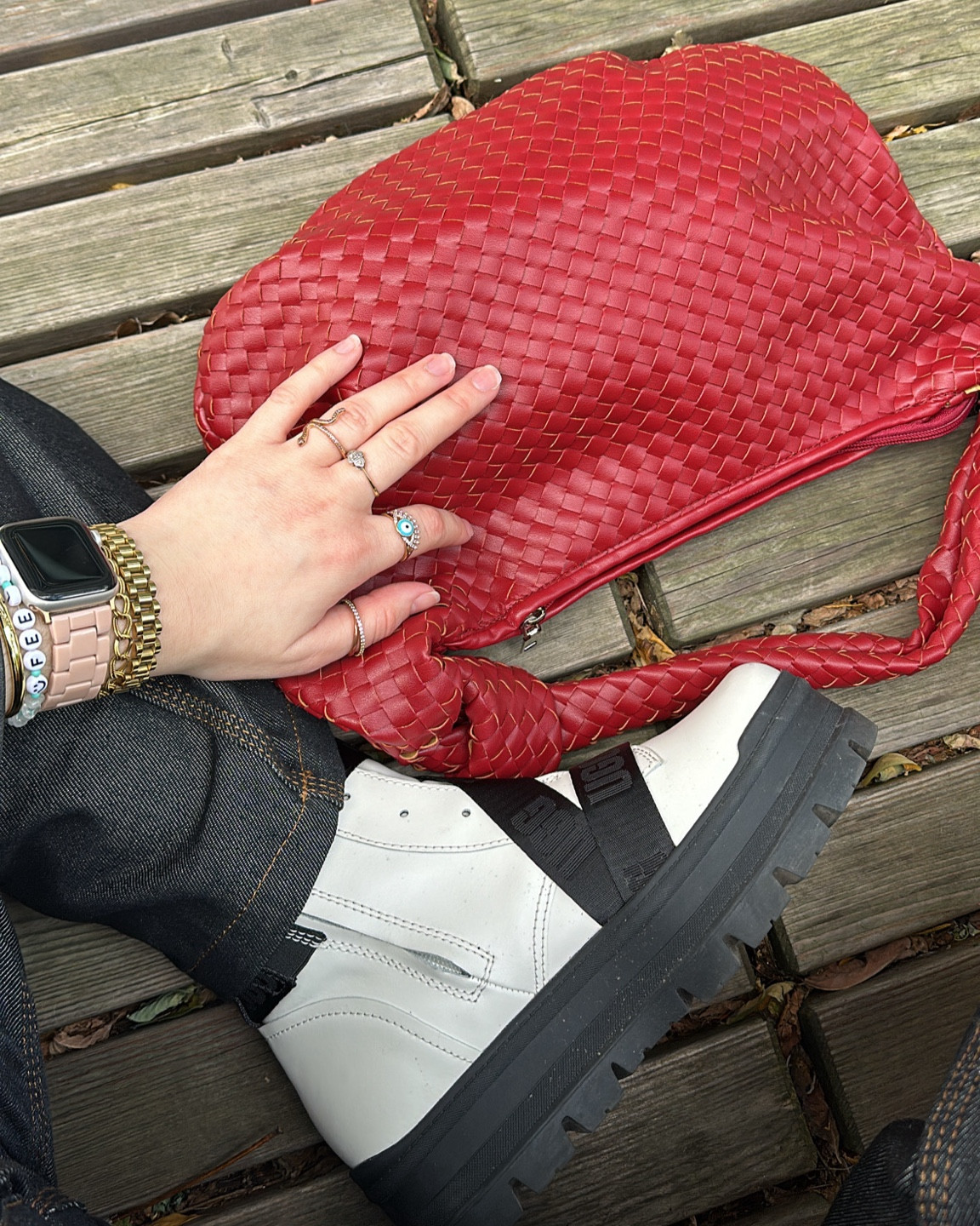 burgundy woven bag: ego 
white combat boots: ugg
pink apple watch strap: coconut lane

#LTKStyleTip #LTKMidsize #LTKSeasonal