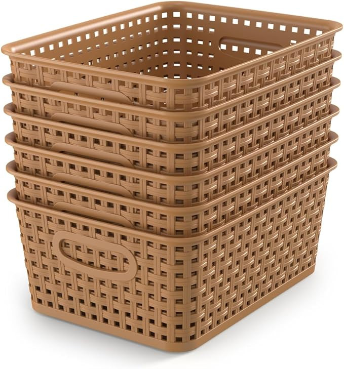 WYT 6-Pack Plastic Small Shelf Storage Weave Baskets Organizing for Cabinets and Pantries, Light ... | Amazon (US)