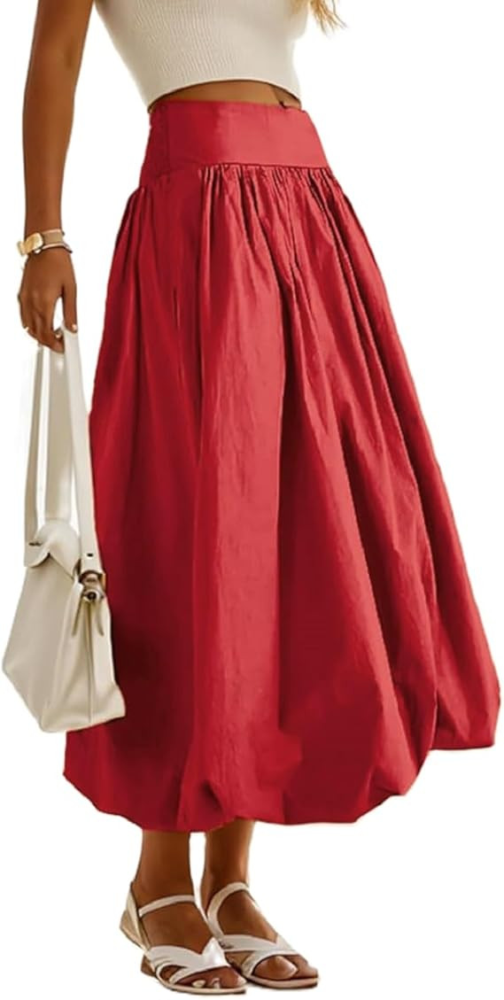 NUFIWI Women Y2k Bubble Maxi Skirt Low Elastic Waist A Line Long Skirt Summer Casual Ruffle Pleat... | Amazon (US)