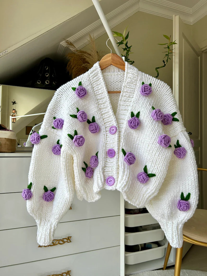Leilayca First Love Lilac Cardigan , Chunky Cropped Cardigan For Woman , White Sweater With Lilac... | Etsy (US)