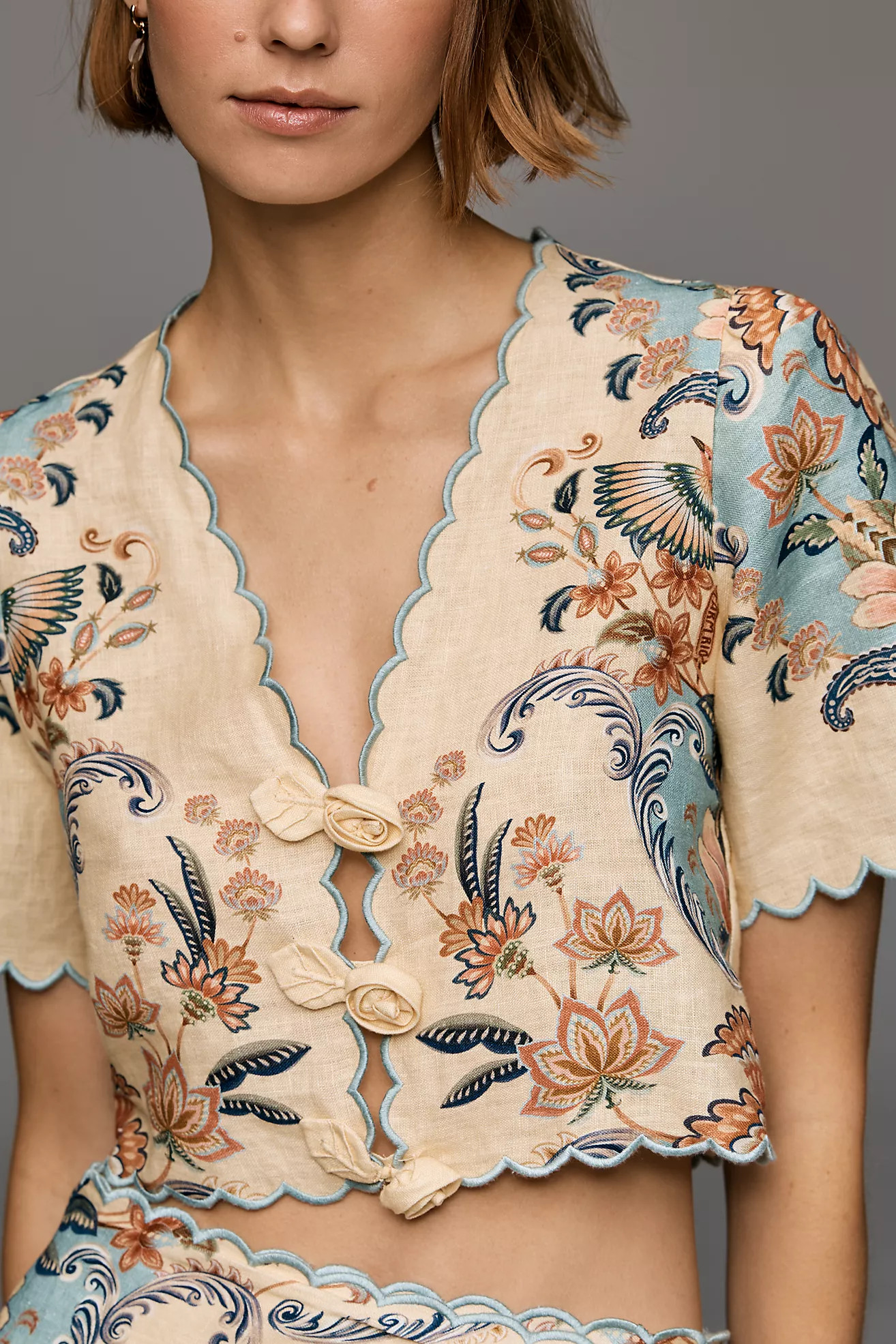 Farm Rio Scalloped Short-Sleeve Linen Rosette Top | Anthropologie (US)