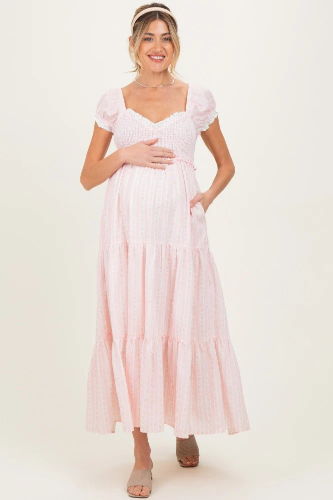 Light Pink Floral Lace Trim Tiered Maternity Maxi Dress | PinkBlush Maternity