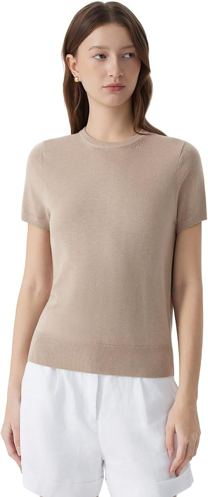 SUUKSESS Women Silk Cashmere Blend Crew Neck Short Sleeve Sweaters Casual Blouse | Amazon (US)