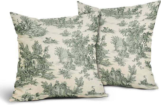 aportt French Country Pillow Cover Set of 2 Vintage Toile GreenCotton Linen Polyester Decorative ... | Amazon (US)