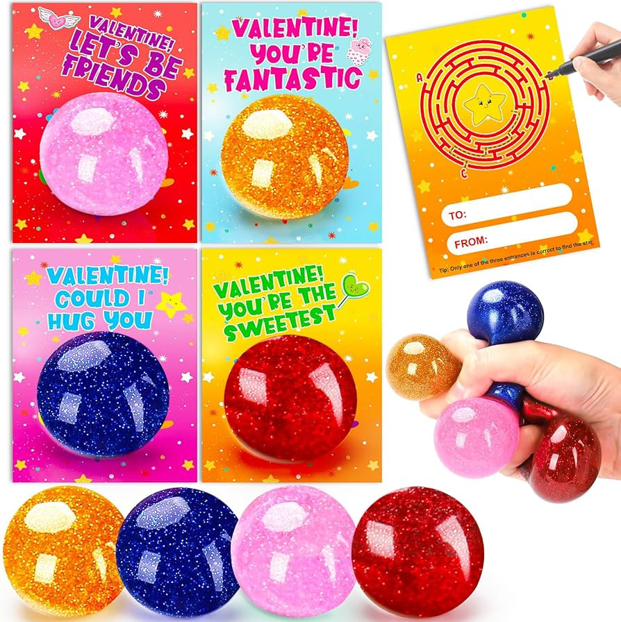 AugToy 24PCS Stress Balls Valentines Day Cards for Kids School Classroom Fidget Toys Class Valent... | Amazon (US)