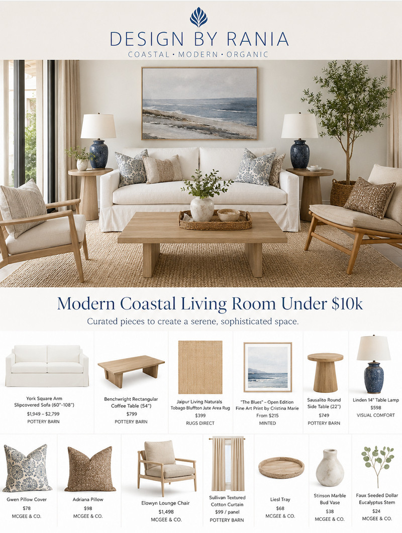 Modern Coastal Living Room Under $10k ✨
Create a calm, coastal-inspired living space with natural oak tones, soft blue accents, and layered organic textures. A timeless, airy look designed for relaxed, everyday living. 

 #LTKHome