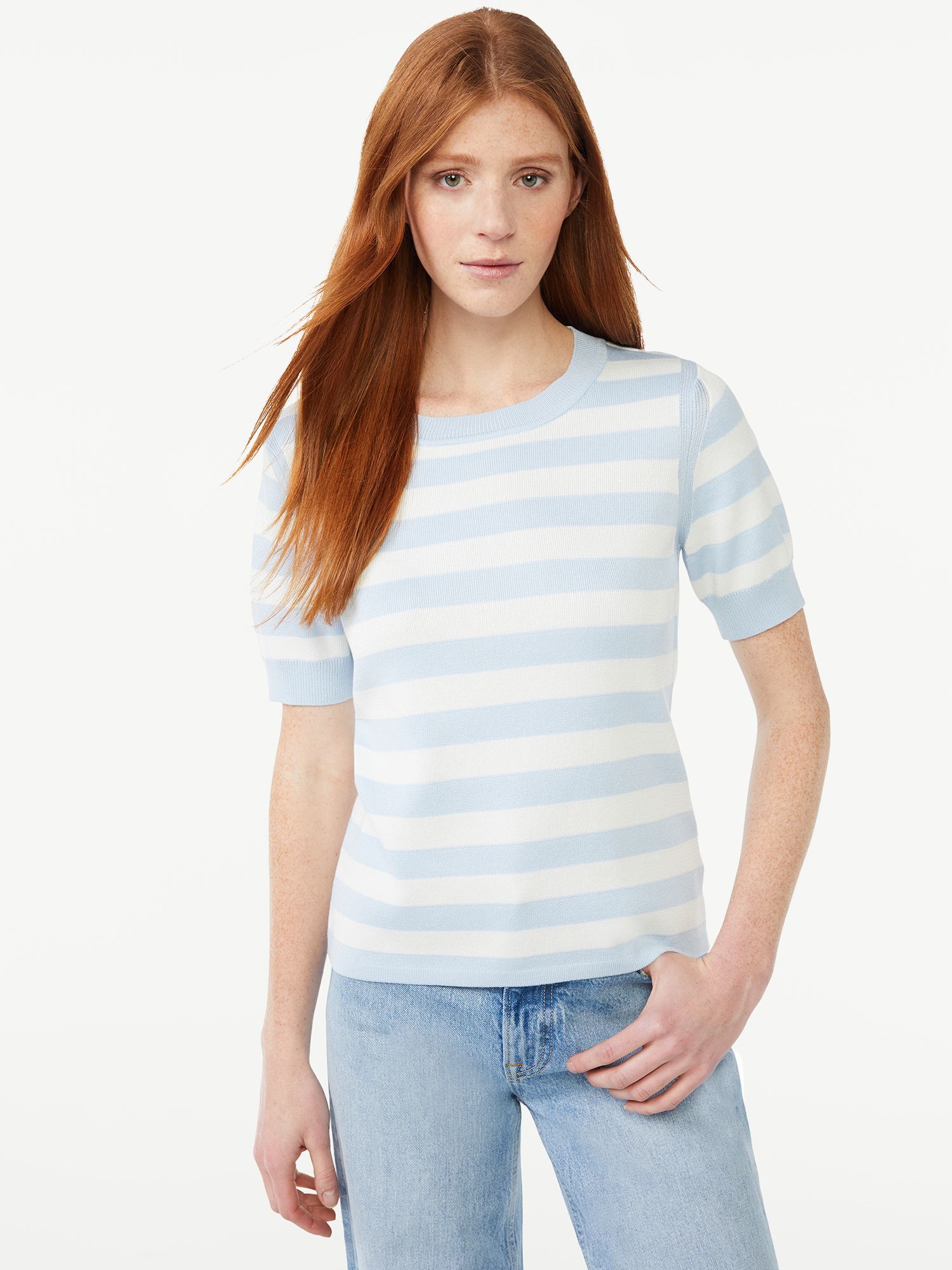 Free Assembly Women's Sweater Tee with Cuffed Short Sleeves, Lightweight | Walmart (US)