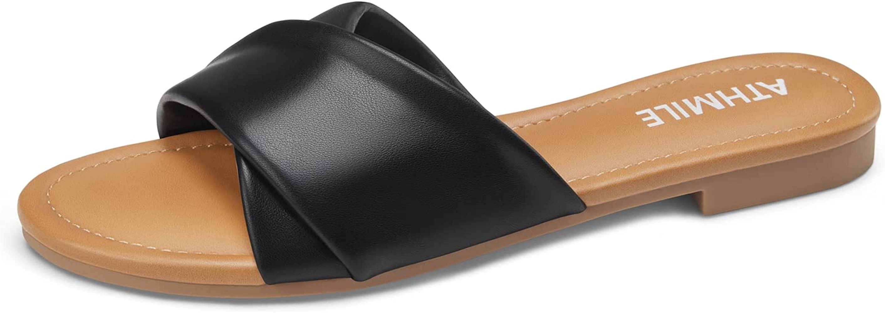 ATHMILE Sandals Women Dressy Summer Flat Comfortable Fashion Beach Cute Ladies Slides Leather Cas... | Amazon (US)
