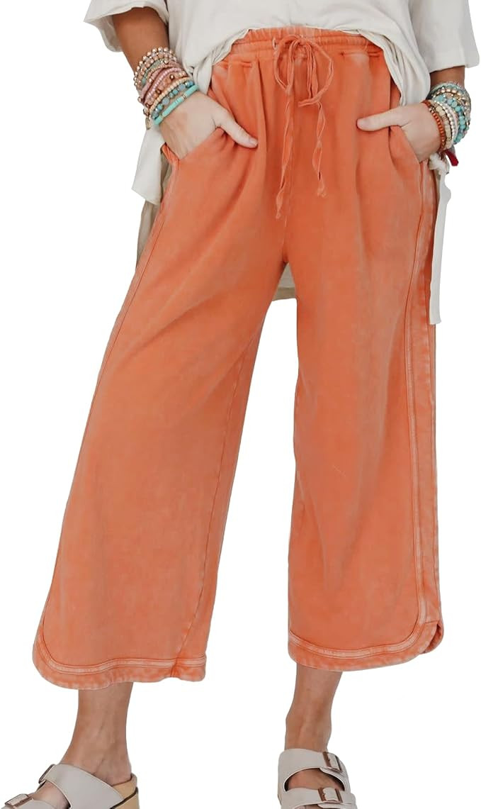Hixiaohe Womens Casual Wide Leg Sweatpants Cropped Lounge Pants Baggy Acid Wash Elastic High Wais... | Amazon (US)