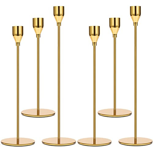 Anndason Set of 6 Gold Candlestick Holders Gold Candle Holder Taper Candle Holders Candle Holders Decorative Candlestick Holder for Home Decor, Wedding, Dinning, Party, Anniversary (Bright Gold) | Amazon (US)