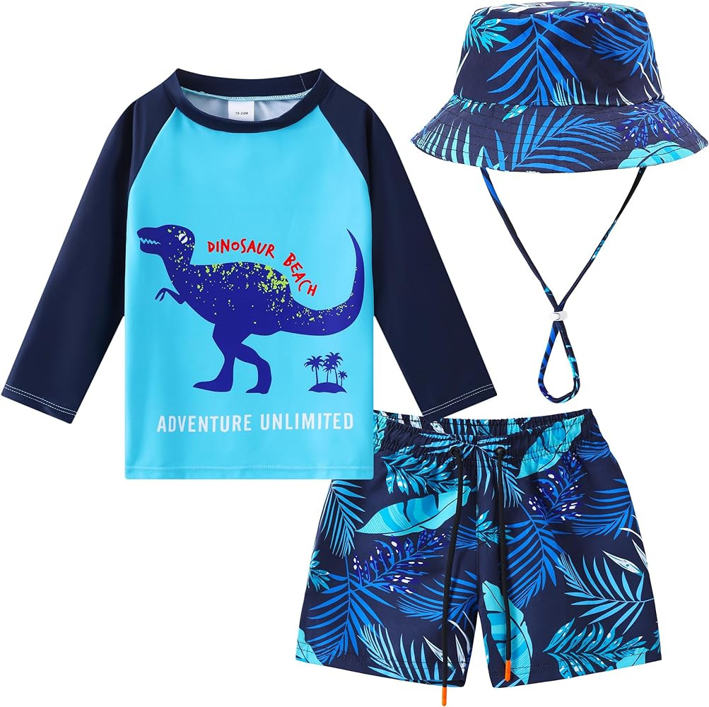 Amazon.com: Toddlers and Baby Boys' 3-Piece Swimsuit Trunk Rashguard Set and Sun Hat Swimwear Bat... | Amazon (US)