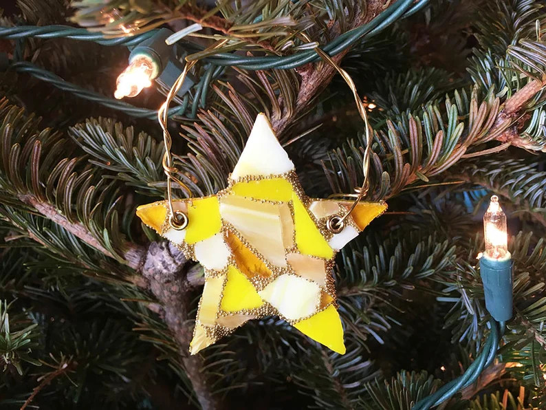 Gold Star Mosaic Ornament Stained Glass Iridescent Metallic Home Decor Holiday Trim the Tree Deck... | Etsy (US)