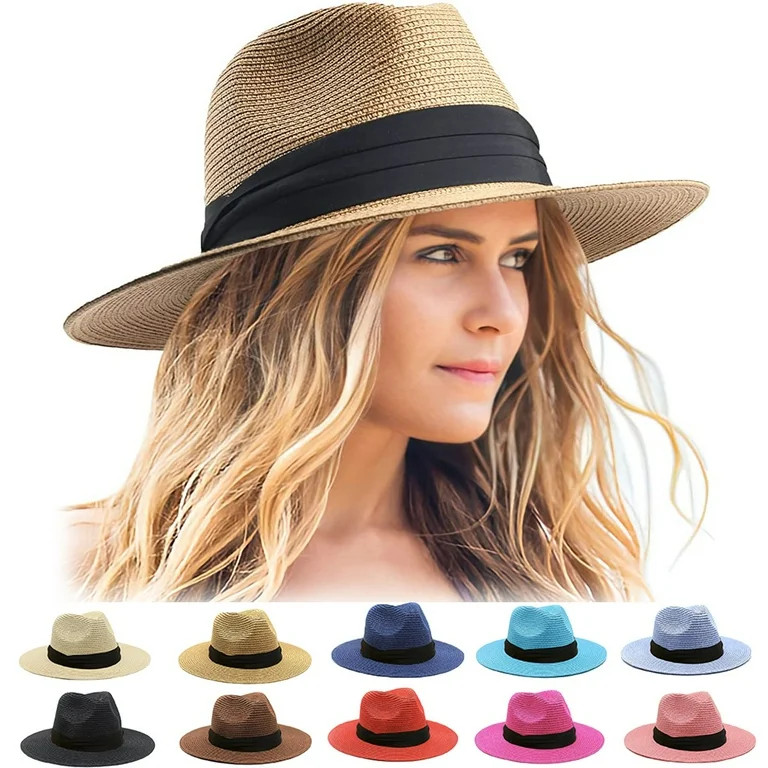Womens Mens Wide Brim Straw Panama Hat Fedora Summer Beach Sun Hat UPF Straw Hat for Women | Walmart (US)