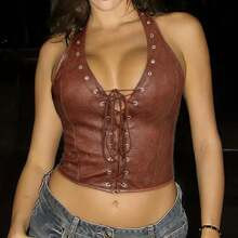 Vintage Texture Floral Eyelet Lace Up Front Tie Neck PU Leather Corset Shapewear Crop Halter Top | SHEIN