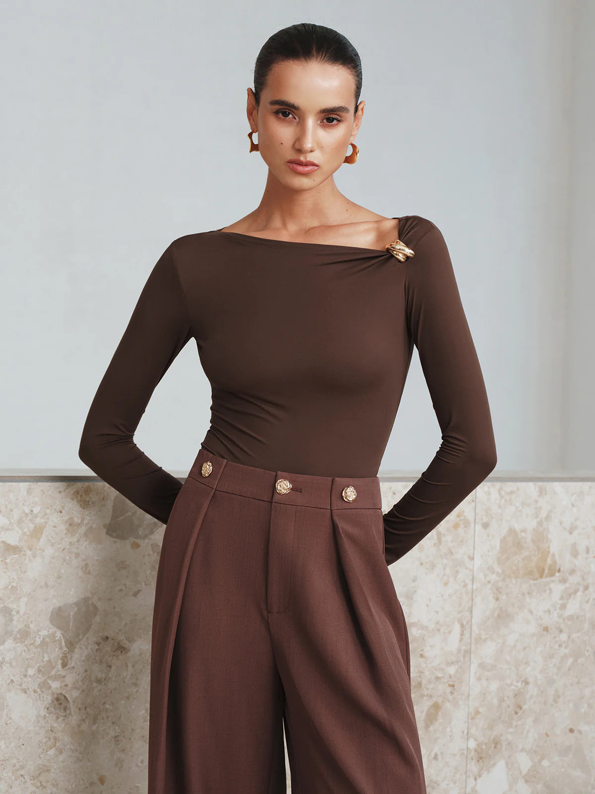 Metal Detail Asymmetric Neckline Bodysuit | Commense