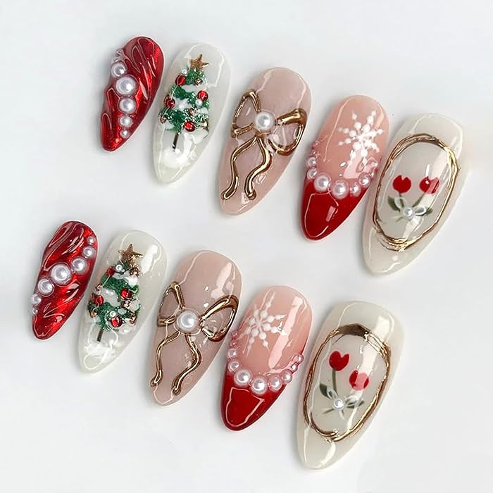 30Pcs Christmas Press on Nails Medium Almond French Tip Fake Nails Xmas Trees Flower False Nails ... | Amazon (US)