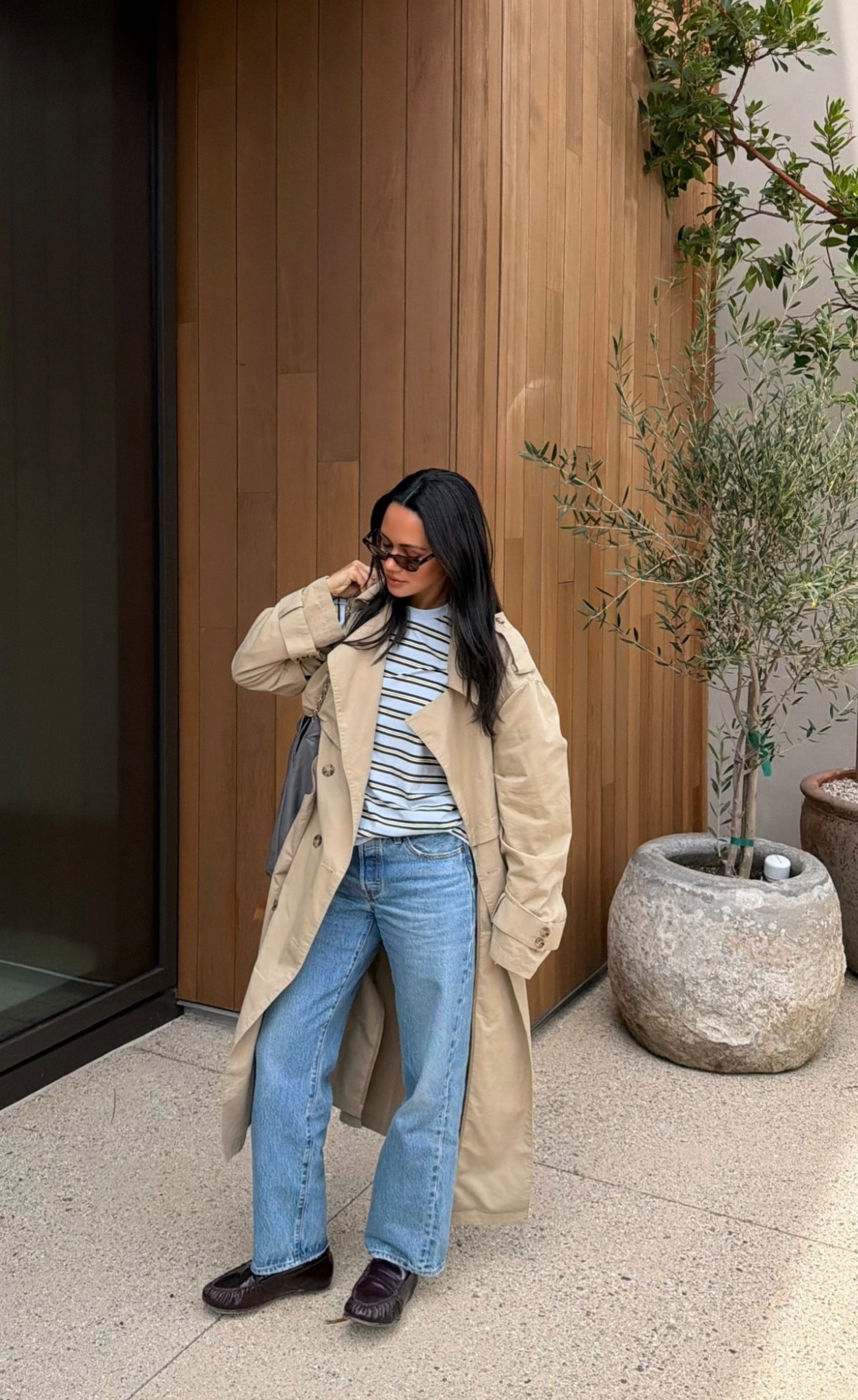 spring ootd in LA | Joe’s trench coat, we wore what striped tee long sleeve, Levi’s jeans, Freda Salvador brown loafers 

#LTKSeasonal #LTKootd #LTKdayinmylife