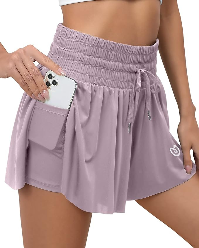 High Waisted 2 in 1 Flowy Butterfly Running Shorts, Women Athletic Shorts with Pockets Gym Yoga T... | Amazon (US)