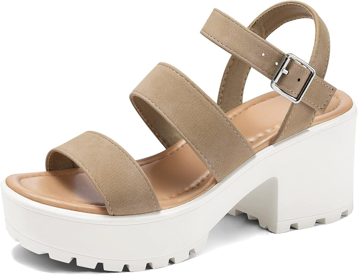 mysoft Women's Platform Sandals Ankle Strap Open Toe Lug Sole 3 Inch Chunky Block Heeled Sandals | Amazon (US)