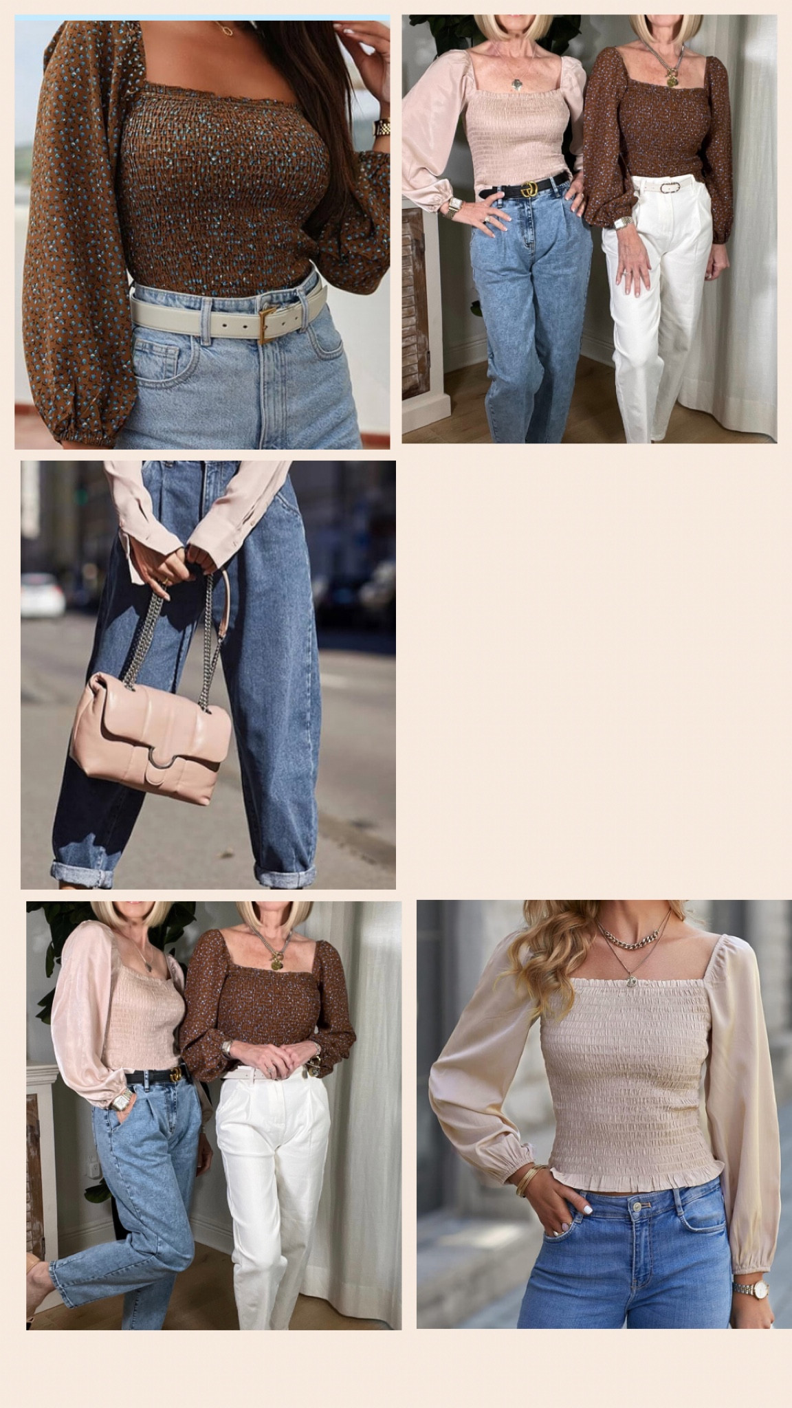 These adorable tops and boyfriend jeans are the perfect casual Spring outfit. The puff sleeve tops pair well with jeans, shorts or dressy trousers. The jeans are trendy and comfortable and will complement any top, from body suits to tee shirts, to a classic blouse. They especially pair well with these puff sleeve, figure flattering tops shown. 
Shop them here on Amazon. 